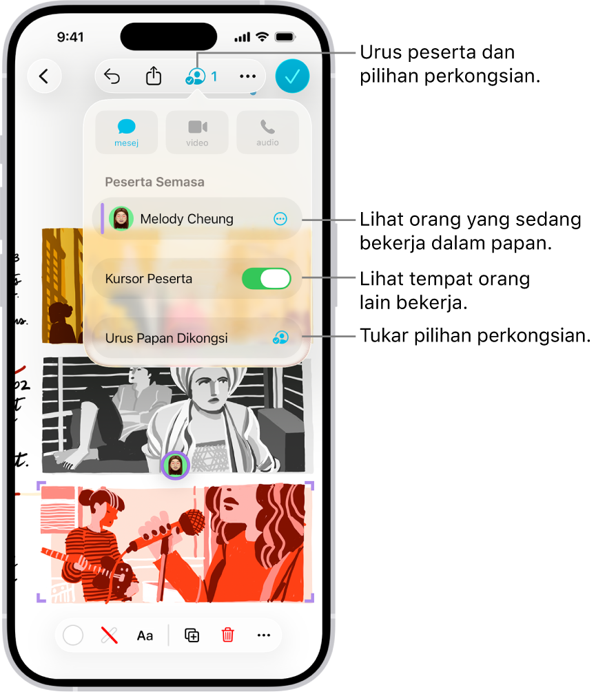 Papan Freeform dikongsi pada iPhone dengan menu kerjasama dibuka.