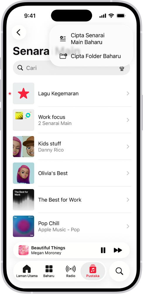 Tab Pustaka menunjukkan senarai untuk senarai main. Di bahagian atas ialah butang untuk mencipta senarai main baharu atau mencipta folder baharu.