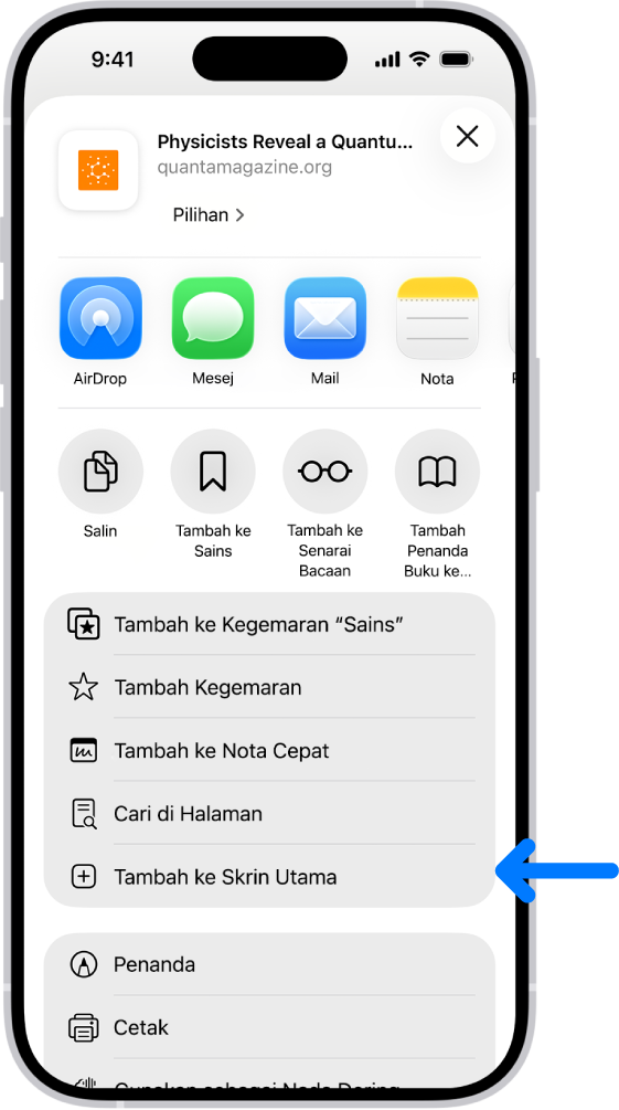 Dalam Safari, butang Kongsi pada tapak web telah diketik, memaparkan senarai pilihan, termasuk Tambah ke Skrin Utama.