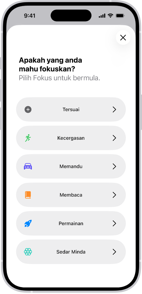 Skrin persediaan Fokus untuk pilihan Fokus tambahan yang disediakan, termasuk Tersuai, Memandu, Kecergasan, Permainan, Sedar Minda dan Membaca.