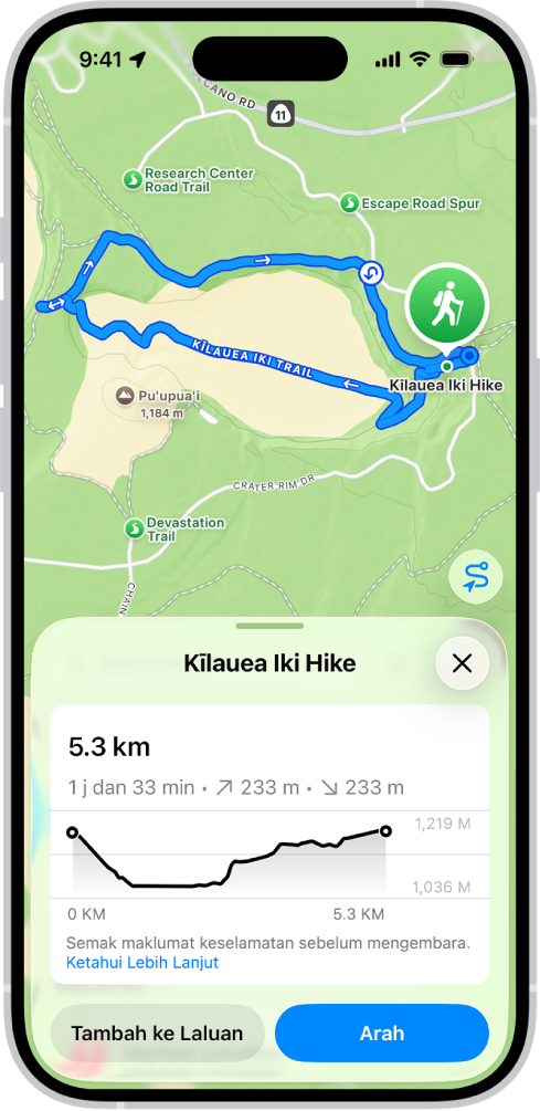 Gambaran keseluruhan kembara yang boleh dimuat turun, dengan jarak, profil ketinggian, anggaran masa dan pilihan untuk menyimpan atau mendapatkan arah ke permulaan kembara.