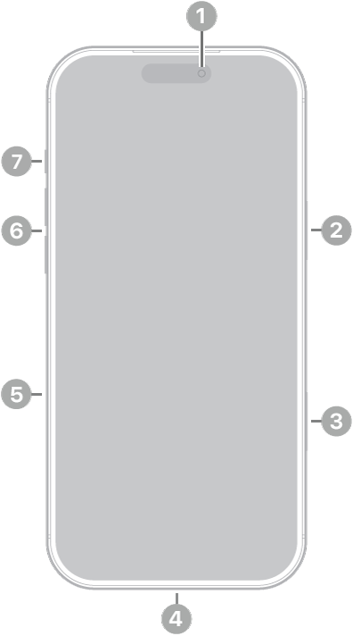 Paparan hadapan iPhone 17 Pro Max. Kamera depan berada di bahagian tengah atas. Butang sisi di sebelah kanan. Penyambung USB-C berada di bahagian bawah. Di sebelah kiri, dari bawah ke atas, ialah dulang SIM, butang kelantangan dan butang Tindakan.