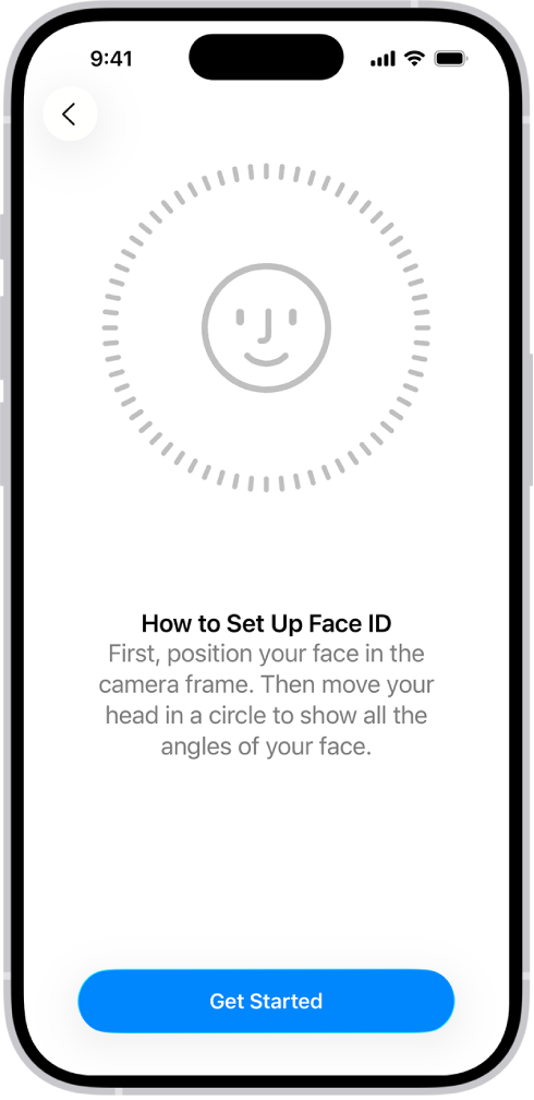 Face ID အသိအမှတ်ပြုခြင်းကိုဖန်သားပြင်တွင်ထည့်လိုက်သည်။ ဖန်သားပြင်တွင် စက်ဝိုင်းနှင့်အံကိုက်ဖြစ်နေသော ပြုံးနေသည့် မျက်နှာပြင်တစ်ခုကို ပြထားသည်။ အောက်ဘက်မှ စာသားသည် စက်ဝိုင်းပြင်ပြည့်စေရန် ၎င်းတို့၏ ခေါင်းကို ဖြည်းဖြည်းချင်း လှည့်ပေးရန် ညွှန်ကြားထားသည်။ ထိုဖန်သားပြင်အောက်ခြေနားတွင် Get Started အတွက်ခလုတ်တစ်ခုပေါ်လာသည်။