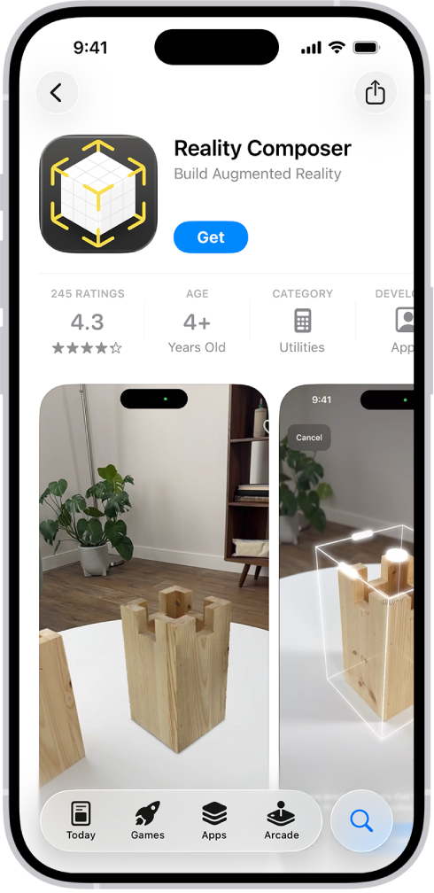 App Store ထဲရှိ အက်ပ်တစ်ခုအတွက် အချက်အလက်စာမျက်နှာ။ ထိုစာမျက်နှာတွင် Get ခလုတ်၊ အဆင့်သတ်မှတ်ချက်များ၊ အသက်အရွယ်သတ်မှတ်ချက်များ၊ ဆော့ဝဲရေးသားသူ၊ ဖန်သားပြင်ပုံရိုက်ကူးမှုများအစရှိသည်တို့ကို ပြသထားပါသည်။ ဖန်သားပြင်အောက်ခြေတွင် ဘယ်မှညာအထိ ခလုတ်များမှာ အောက်ပါတို့ဖြစ်သည်၊ Today၊ Games၊ Apps၊ Arcade နှင့် Search။