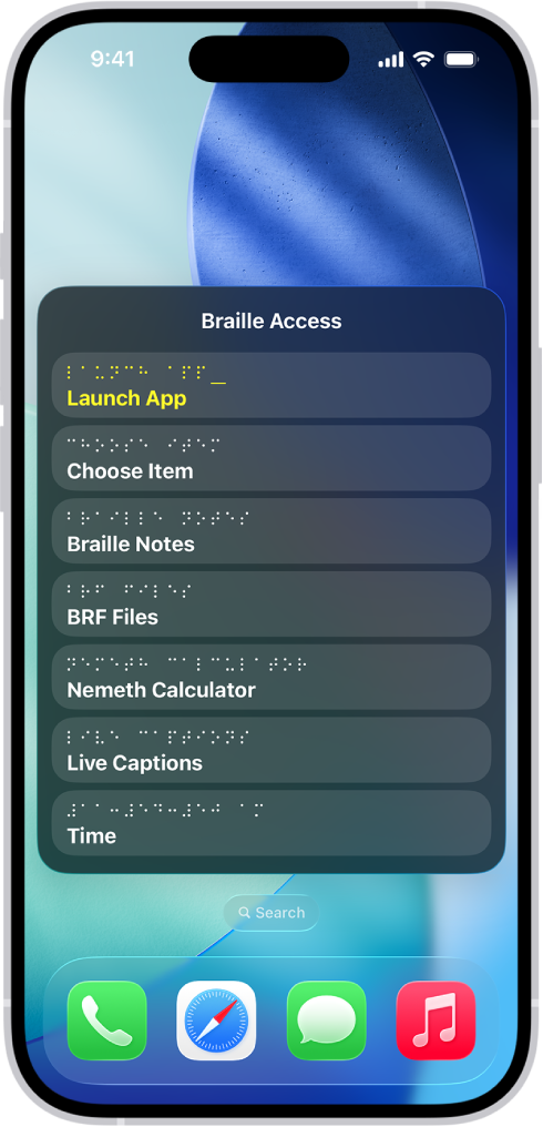 Braille Access menu ပွင့်နေသည့် iPhone တွင် အောက်ပါ နည်းလမ်းများကို ပြသထားသည်၊ Launch App၊ Choose Item၊ Braille Notes၊ BRF Files၊ Calculator၊ Live Captions နှင့် Time။