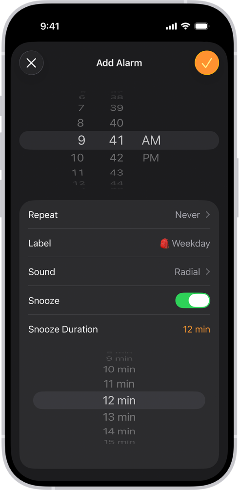 Clock အက်ပ်ထဲရှိ Add Alarm ဖန်သားပြင်တစ်ခု။ Snooze ကိုဖွင့်ထားပြီး Snooze Duration ကို 12 မိနစ်ဟု စိတ်ကြိုက်သတ်မှတ်ထားသည်။