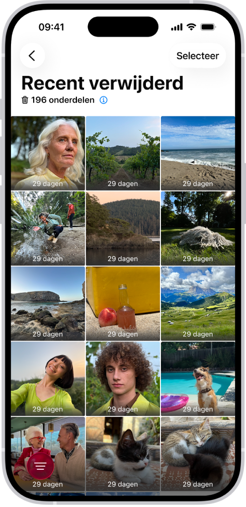 De map 'Recent verwijderd' in de Foto's-app. De recent verwijderde foto's worden in een raster op het scherm weergegeven.