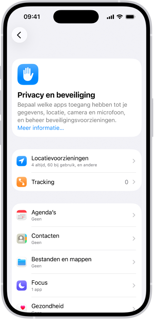 Het scherm 'Privacy en beveiliging' in Instellingen.