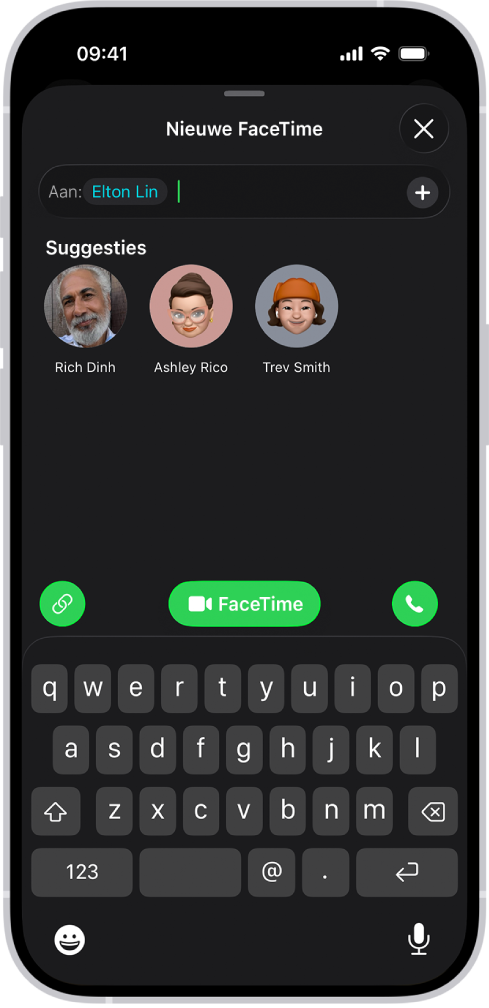 Het scherm om een FaceTime-gesprek te starten, met de knop 'Maak link aan' en de knoppen 'Nieuwe oproep' om een FaceTime-videogesprek of -audiogesprek te starten.