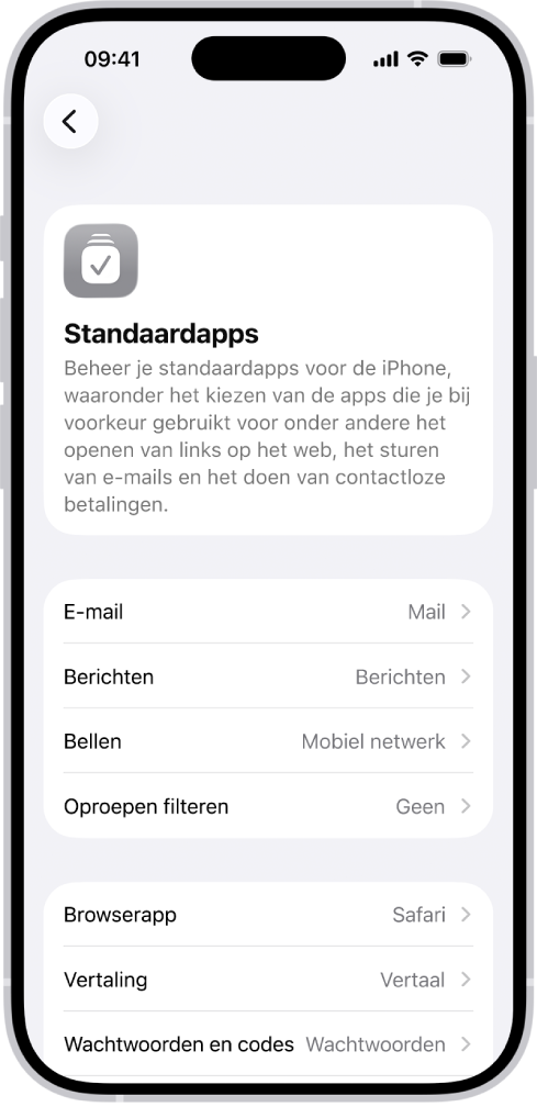 Het scherm waar je de standaardapps instelt om bijvoorbeeld e‑mail te versturen en op het web te surfen.