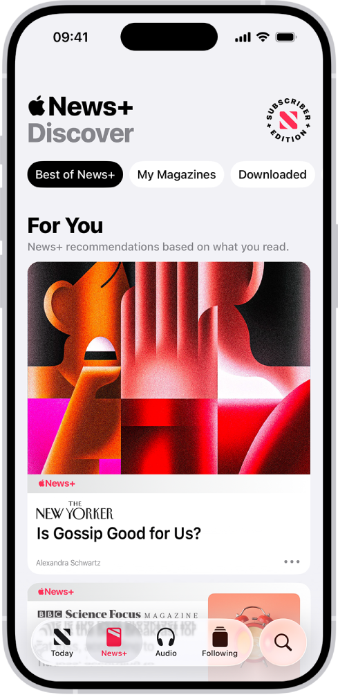 Een tijdschriftartikel in Apple News+. In de rij tabs aan de onderkant is 'News+' geselecteerd.
