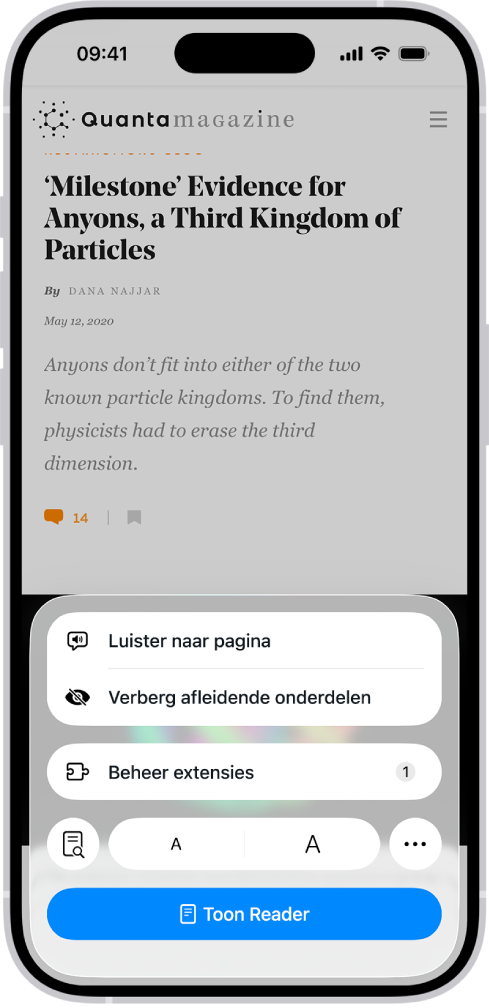 Een website is geopend in Safari. De paginamenuknop is geselecteerd en er worden luisterregelaars weergegeven.