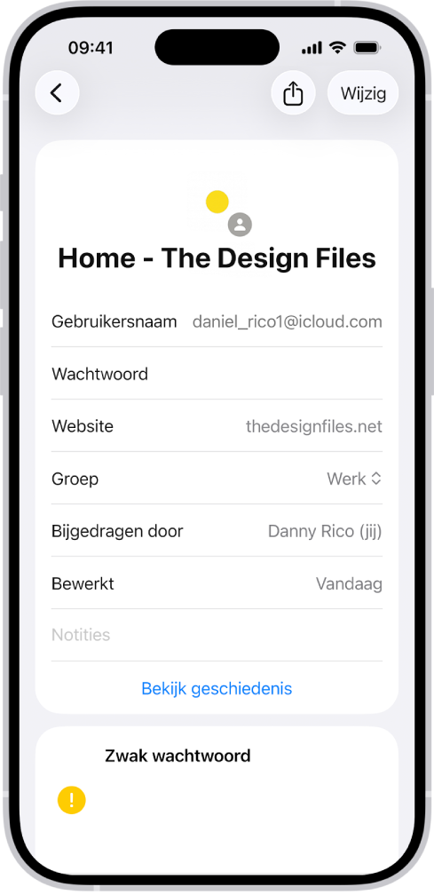 De Wachtwoorden-app met details voor een account, waaronder de gebruikersnaam, het wachtwoord en de website.