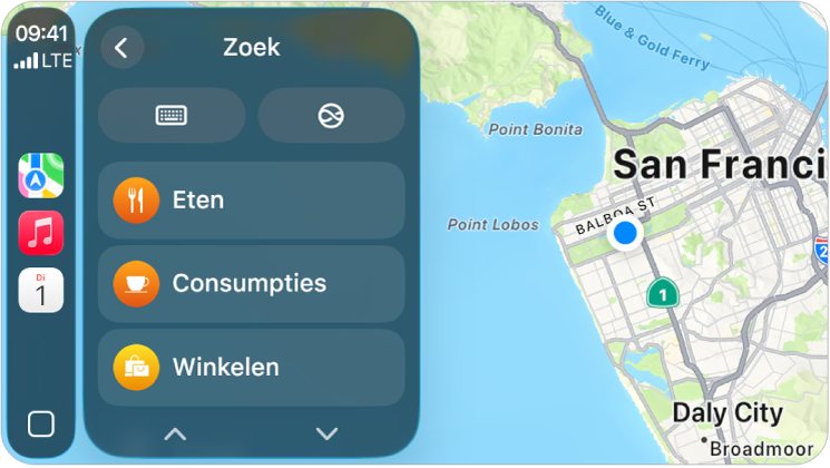 Een CarPlay-scherm met een kaart van San Francisco. Aan de rechterkant staan de knoppen voor de locatie, 3D, het melden van gevaren en in- en uitzoomen. Onderin staan de knoppen voor zoeken en de bestemming.