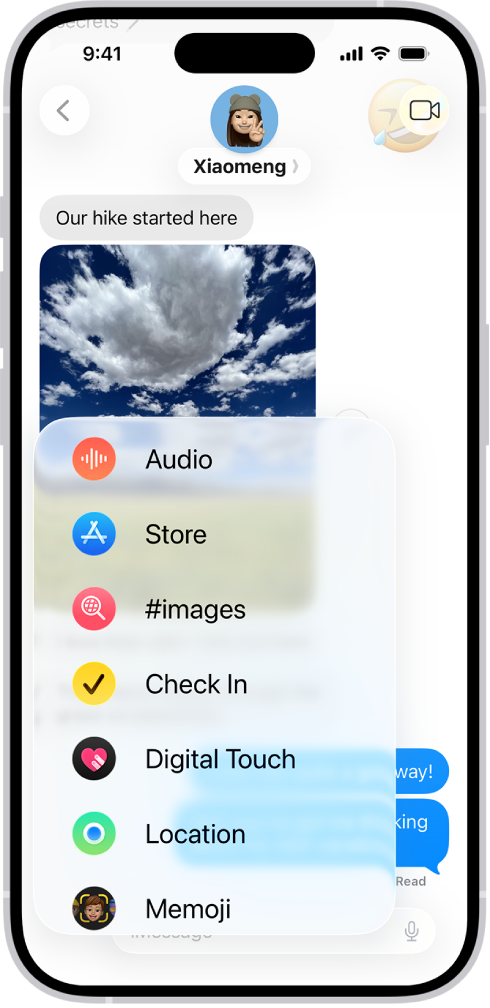 iPhone ର ମେସେଜ୍ ଆପ୍ରେ ଥିବା “ମେନ୍ଯୂ ଯୋଡ଼ନ୍ତୁ“, ଅନେକ iMessage ଫୀଚର୍ ଲିଷ୍ଟ୍ କରୁଛି: ଅଡିଓ ମେସେଜିଂ, App Store, GIF ଇମେଜ୍, ଚେକ୍ ଇନ୍, Digital Touch, ଲୋକେଶନ୍ ଶେୟରିଂ ଏବଂ Memoji।
