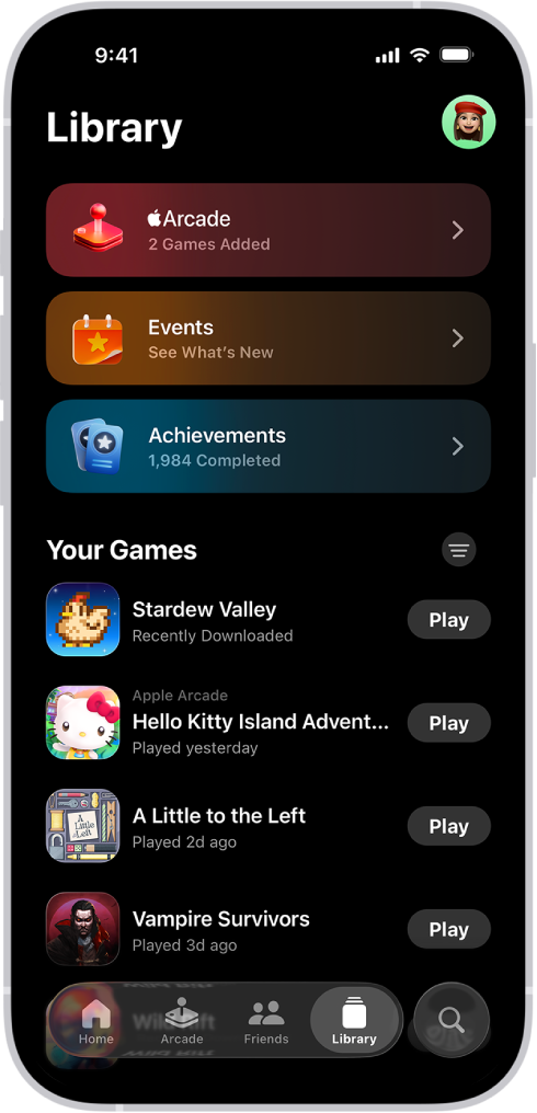 Apple Games ଆପ୍ Apple Arcade ପାଇଁ ବିଭାଗ ସହିତ ଲାଇବ୍ରେରି ଟାବ୍, ଗେମ୍ ଇଭେଣ୍ଟ୍ ଓ ଉପଲବ୍ଧି ଏବଂ ସମ୍ପ୍ରତି ଚଲାଯାଇଥିବା ଏବଂ ଡାଉନ୍ଲୋଡ୍ ହୋଇଥିବା ଗେମ୍ର ଏକ ସ୍କ୍ରୋଲ୍ ଯୋଗ୍ଯ ଲିଷ୍ଟ୍ ଦେଖାଉଛି।