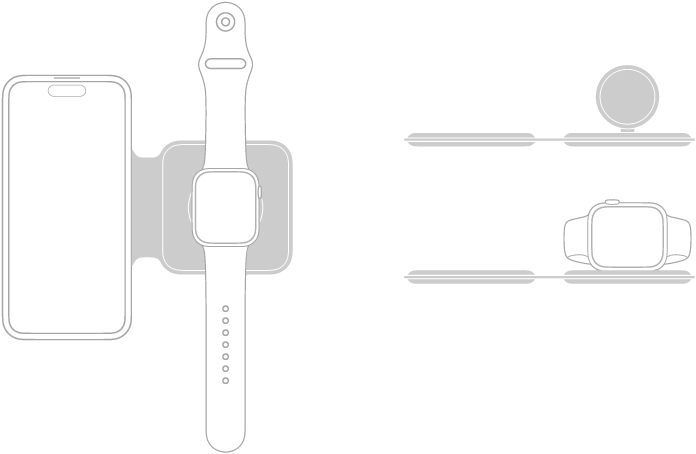 ବାମ ପାର୍ଶ୍ୱରେ, iPhone ଏବଂ Apple Watch କୁ MagSafe ଡୁଓ ଚାର୍ଜର୍ ଚାର୍ଜିଂ ପୃଷ୍ଠରେ ଫ୍ଲାଟ୍ ଭାବରେ ରଖାଯାଇଥିବାର ଦୃଷ୍ଟାନ୍ତ ଅଛି। ଶୀର୍ଷ ଡାହାଣ ପଟେ ଥିବା ଦୃଷ୍ଟାନ୍ତ ଦର୍ଶାଉଛି ଯେ Apple Watch ର ଚାର୍ଜିଂ ପୃଷ୍ଠ ଉପରକୁ ଉଠାଯାଇଛି। ଏହା ତଳେ ଥିବା ଦୃଷ୍ଟାନ୍ତରେ ଉପରକୁ ଉଠାଯାଇଥିବା ଚାର୍ଜିଂ ପୃଷ୍ଠରେ Apple Watch ରଖାଯାଇଥିବା ଦେଖାଯାଇଛି।