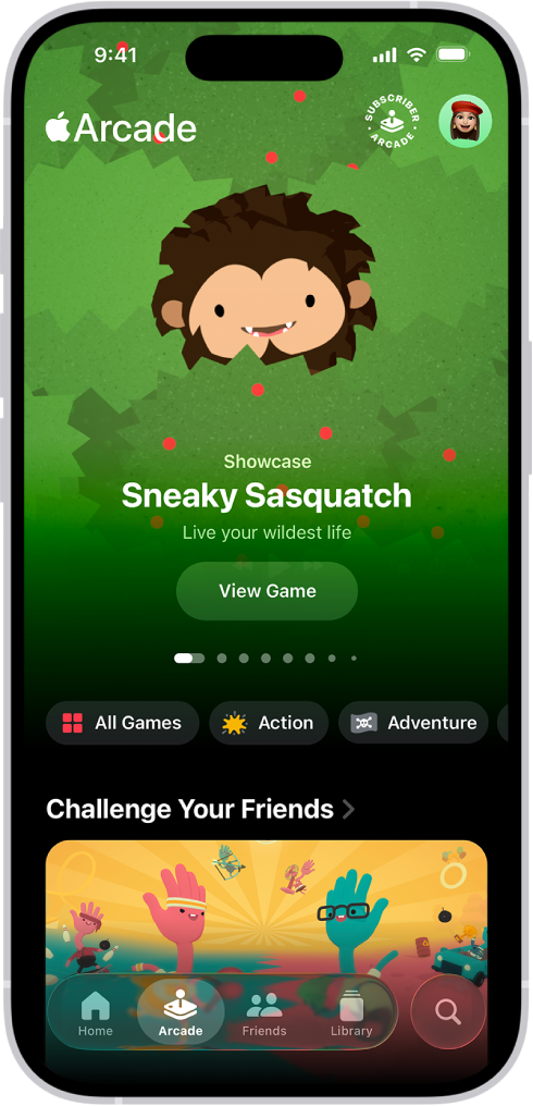 Apple Games ଆପ୍ Arcade ଟାବ୍ ଦେଖାଉଛି, ଯାହା ଏକ ଶୋକେସ୍ ହୋଇଥିବା ଗେମ୍ ପାଇଁ ପ୍ରଚାରମୂଳକ ଆର୍ଟ୍ ଫୀଚର୍ କରେ। ସ୍କ୍ରୀନ୍ର ନିମ୍ନରେ ହୋମ୍, Arcade, ବନ୍ଧୁ, ଲାଇବ୍ରେରି ଏବଂ ସର୍ଚ୍ଚ୍ ପାଇଁ ଟାବ୍ ଅଛି। Arcade ଟାବ୍ ଚୟନ କରାଯାଇଛି।