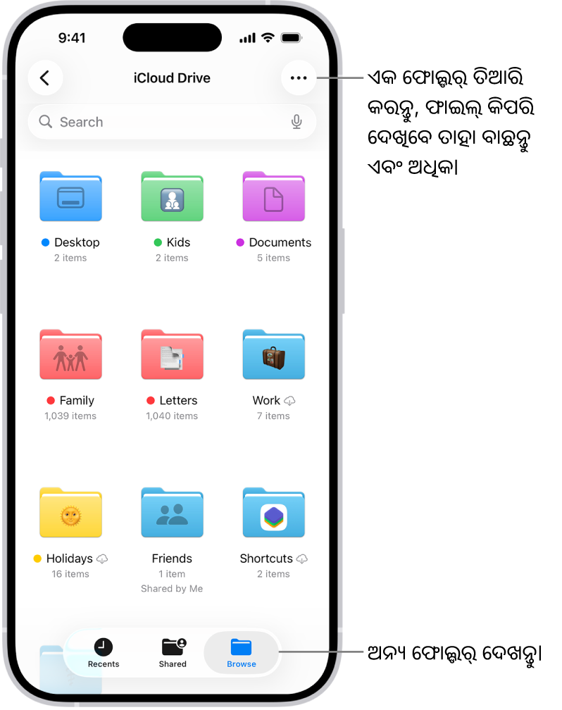 ଆପଣଙ୍କ iCloud Drive ରେ ଥିବା ଫାଇଲ୍ ଏବଂ ଫୋଲ୍ଡର୍ ଦେଖାଉଥିବା ଫାଇଲ୍ ଆପ୍। ଅଧିକ ମେନ୍ଯୂରେ ଆଇଟମ୍ ଚୟନ କରିବା, ନୂଆ ଫୋଲ୍ଡର୍ ତିଆରି କରିବା, ଡକ୍ୟୁମେଣ୍ଟ୍ ସ୍କାନ୍ କରିବା ଏବଂ ସର୍ଭର୍ ସହିତ ସଂଯୋଗ କରିବା ପାଇଁ ବିକଳ୍ପ ରହିଛି। ତାହା ତଳେ ସ୍କ୍ରୀନ୍ରେ ଆଇଟମ୍ ଆଇକନ୍ କିମ୍ବା ଏକ ଲିଷ୍ଟ୍ ଭାବରେ ଦେଖିବାର ବିକଳ୍ପ ଅଛି। ତଳେ ନାମ, ପ୍ରକାର, ତାରିଖ, ଆକାର ଏବଂ ଟ୍ଯାଗ୍ ପାଇଁ କ୍ରମବଦ୍ଧ ବିକଳ୍ପ ଅଛି ଯାହା ପରେ ଦୃଶ୍ଯ ବିକଳ୍ପ ଅଛି।