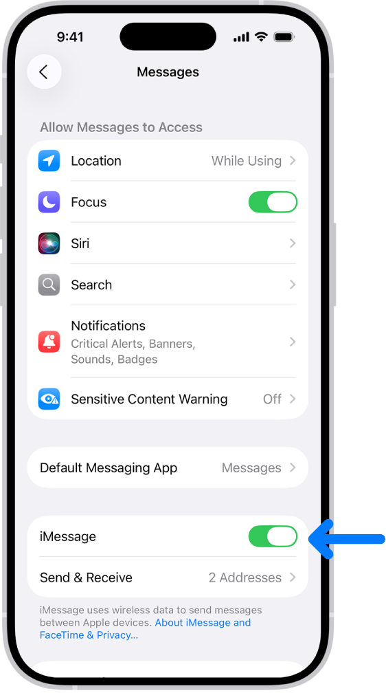 iMessage ଚାଲୁ ଥିବା ମେସେଜ୍ ସେଟିଂସ୍ ପେନ୍।