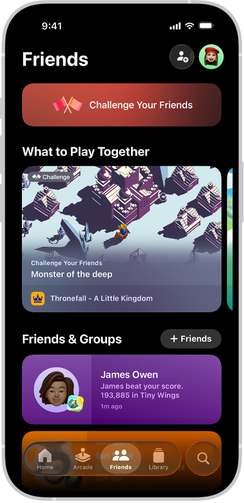 Apple Games ਐਪ ਵਿੱਚ ਦੋਸਤਾਂ ਨੂੰ ਚੁਣੌਤੀ ਦੇਣ ਦੇ ਵਿਕਲਪਾਂ, ਇਕੱਠੇ ਖੇਡਣ ਲਈ ਗੇਮਾਂ ਦੇ ਸੁਝਾਵਾਂ ਅਤੇ ਕਿਸੇ ਦੋਸਤ ਦੀ ਹਾਲੀਆ ਗਤੀਵਿਧੀ ਦੇ ਨਾਲ “ਦੋਸਤ” ਟੈਬ ਦਿਖਾਈ ਜਾ ਰਹੀ ਹੈ।