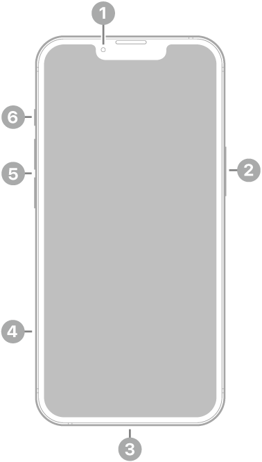 iPhone 13 ਦਾ ਸਾਹਮਣੇ ਦਾ ਦ੍ਰਿਸ਼। ਮੂਹਰਲਾ ਕੈਮਰਾ ਸਿਖਰ ‘ਤੇ ਕੇਂਦਰ ਵਿੱਚ ਹੈ। ਸਾਈਡ ਬਟਨ ਸੱਜੇ ਪਾਸੇ ਹੈ। Lightning ਕਨੈਕਟਰ ਹੇਠਲੇ ਪਾਸੇ ਹੈ। ਖੱਬੇ ਪਾਸੇ, ਹੇਠਾਂ ਤੋਂ ਸਿਖਰ ਵੱਲ, SIM ਟ੍ਰੇਅ, ਆਵਾਜ਼ ਬਟਨ ਅਤੇ ਰਿੰਗ/ਸ਼ਾਂਤ ਸਵਿੱਚ ਹਨ।