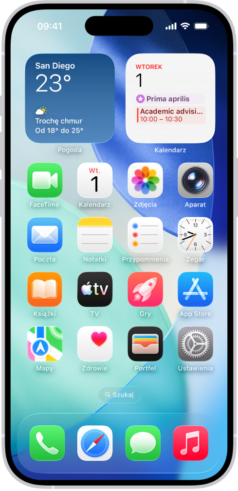 Ekran główny z szeregiem ikon, w tym ikoną aplikacji Ustawienia, która pozwala zmieniać ustawienia głośności iPhone’a, jasności jego ekranu i inne.