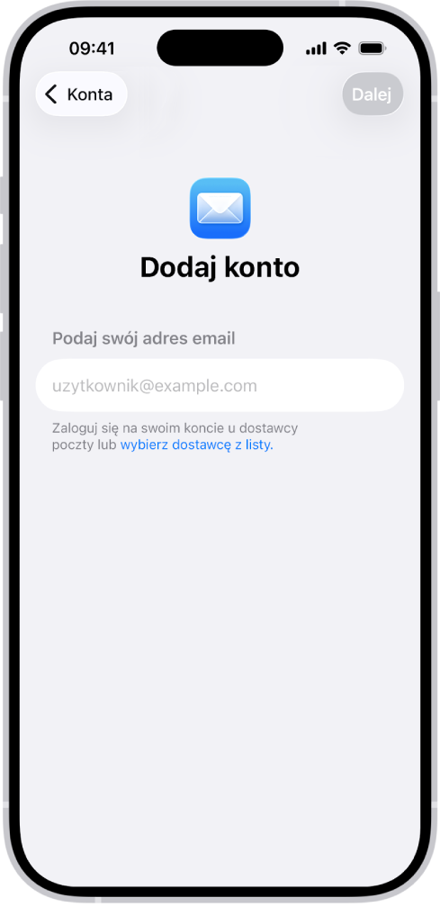 Ekran Dodaj konto z polem na wpisanie swojego adresu email.