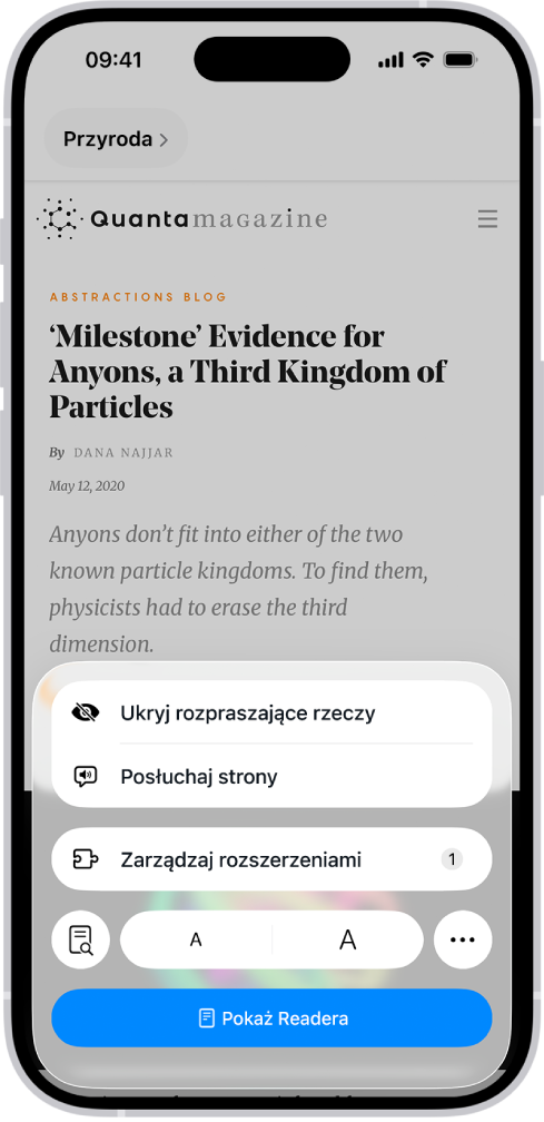 Witryna otwarta w Safari. W polu adresu widoczna jest informacja o dostępności funkcji Reader dla tej witryny.