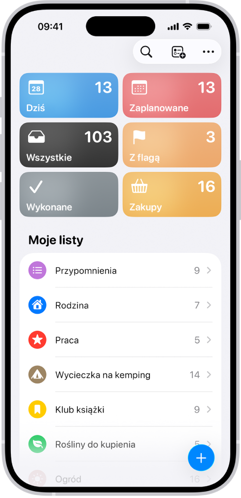 Ekran Przypomnień zawierający siatkę list inteligentnych, takich jak Dziś, Zaplanowane oraz Z flagą. Każda z nich wyświetla liczbę rzeczy. Pod nagłówkiem Moje listy widoczna jest lista własnych kategorii przypomnień, takich jak Rodzina, Praca oraz Kemping.