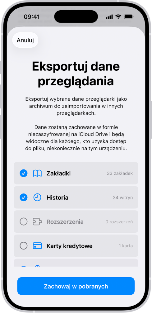 Ekran Eksportuj dane przeglądania. Widoczne są dane, które możesz wyeksportować z Safari do innej przeglądarki.
