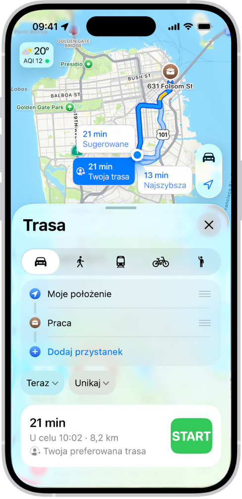 iPhone wyświetlający mapę z kilkoma trasami przejazdu samochodem w to samo miejsce docelowe. Każda trasa zawiera szacowany czas dojazdu, dystans oraz przycisk Start umożliwiający uruchomienie wskazówek „krok po kroku”. Kolory na każdej trasie informują o warunkach drogowych.