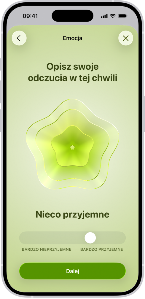Ekran aplikacji Zdrowie z aktualnymi odczuciami ustawionymi jako nieco przyjemne. Na dole ekranu widoczny jest suwak do określania siły emocji.