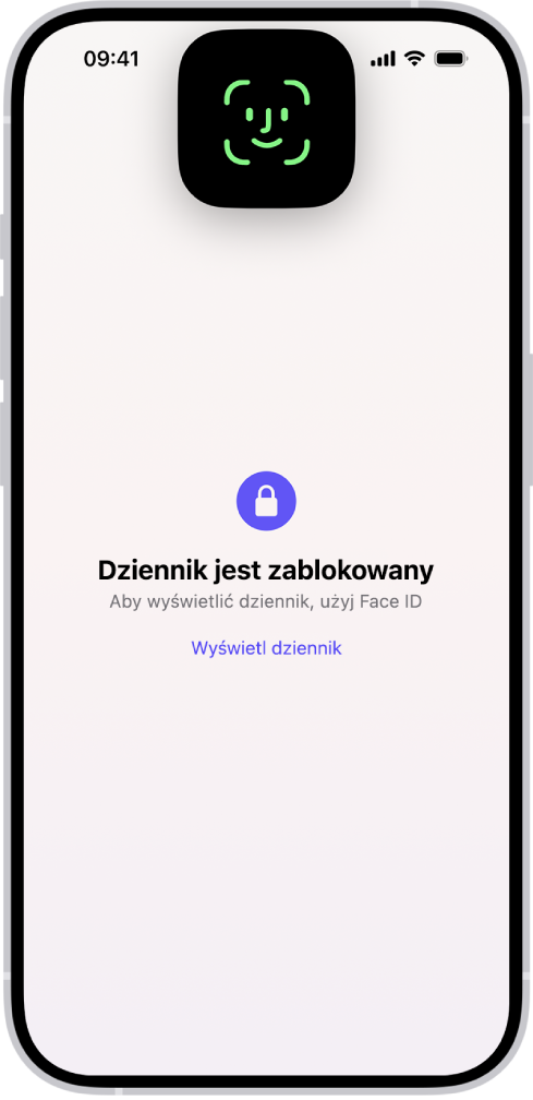 Ekran z informacją, aby użyć Face ID w celu odblokowania dziennika.