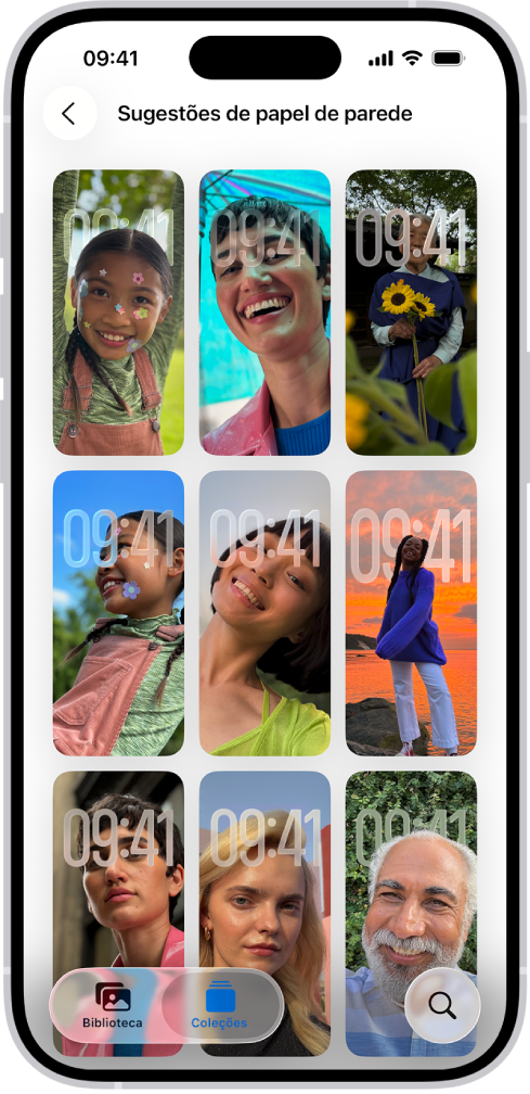 “Sugestões de papel de parede” está aberta na aplicação Fotografias. As combinações geradas automaticamente de fotografias, efeitos dos filtros e tipos de letra de mostradores são apresentadas numa grelha de sugestões.