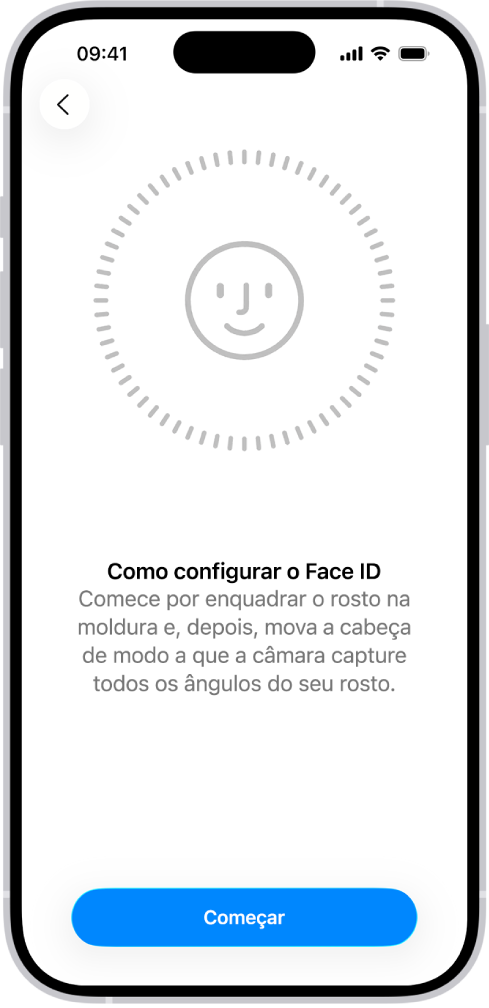 O ecrã de configuração do reconhecimento através do Face ID. No ecrã, está um rosto sorridente enquadrado num círculo. Por baixo, o texto indica ao utilizador que deve mover a cabeça devagar para completar o círculo. Quase no fundo do ecrã, está um botão para começar.