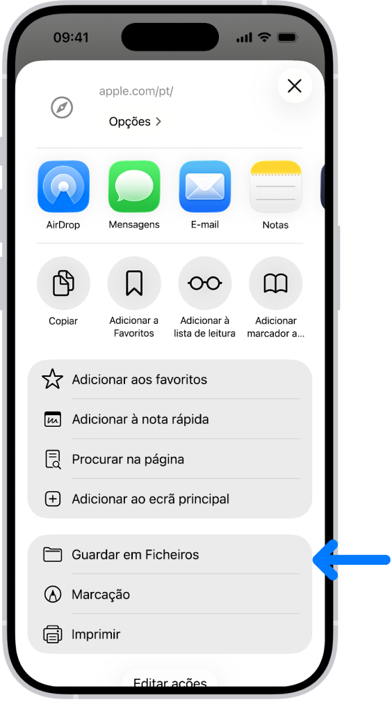 No Safari, foi dado um toque no botão Partilhar num PDF e é revelada uma lista de opções, incluindo Guardar em Ficheiros junto à parte inferior do ecrã.