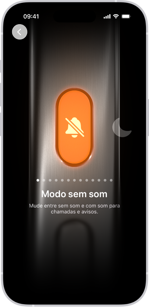 O ecrã para personalizar o botão de ação. “Câmara” é a ação selecionada. Surgem outras funcionalidades à direita e à esquerda da câmara, incluindo “Não incomodar” e “Lanterna”. Por baixo das ações estão pontos nos quais pode tocar para mudar para outra ação. Por baixo da ação selecionada, “Câmara”, está um menu de opções da Câmara em que pode tocar para atribuir o botão de ação.