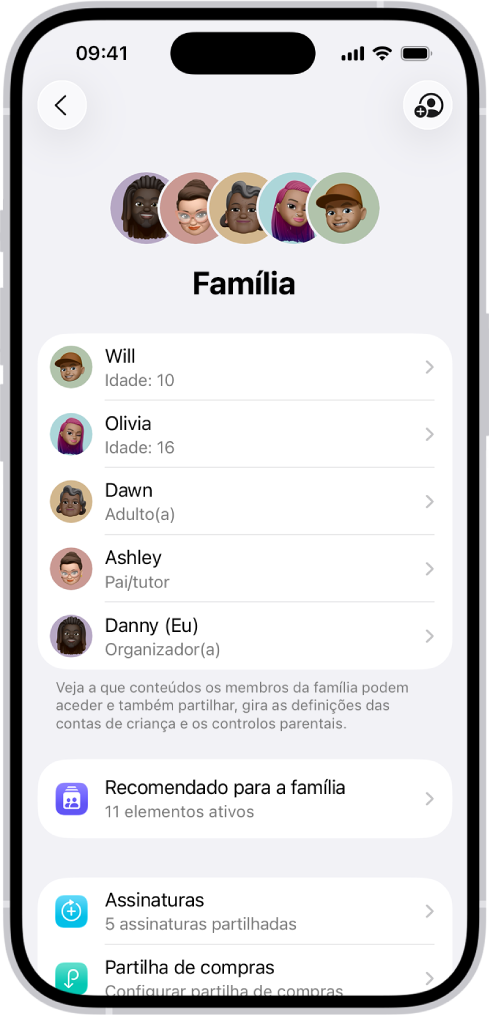 O ecrã Partilha com a família nas Definições. Estão indicados cinco membros da família e são partilhadas quatro assinaturas com a família.