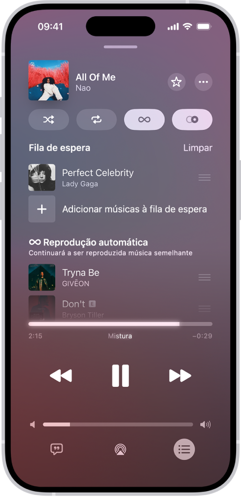 O ecrã “A reproduzir” a mostrar a fila de espera com as funcionalidades Reprodução automática e AutoMix ativadas. As músicas semelhantes aparecem por baixo das músicas na fila.