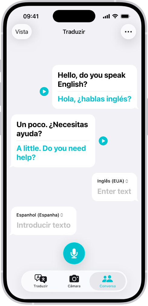 O separador “Conversa” a mostrar balões de fala e as respetivas traduções.