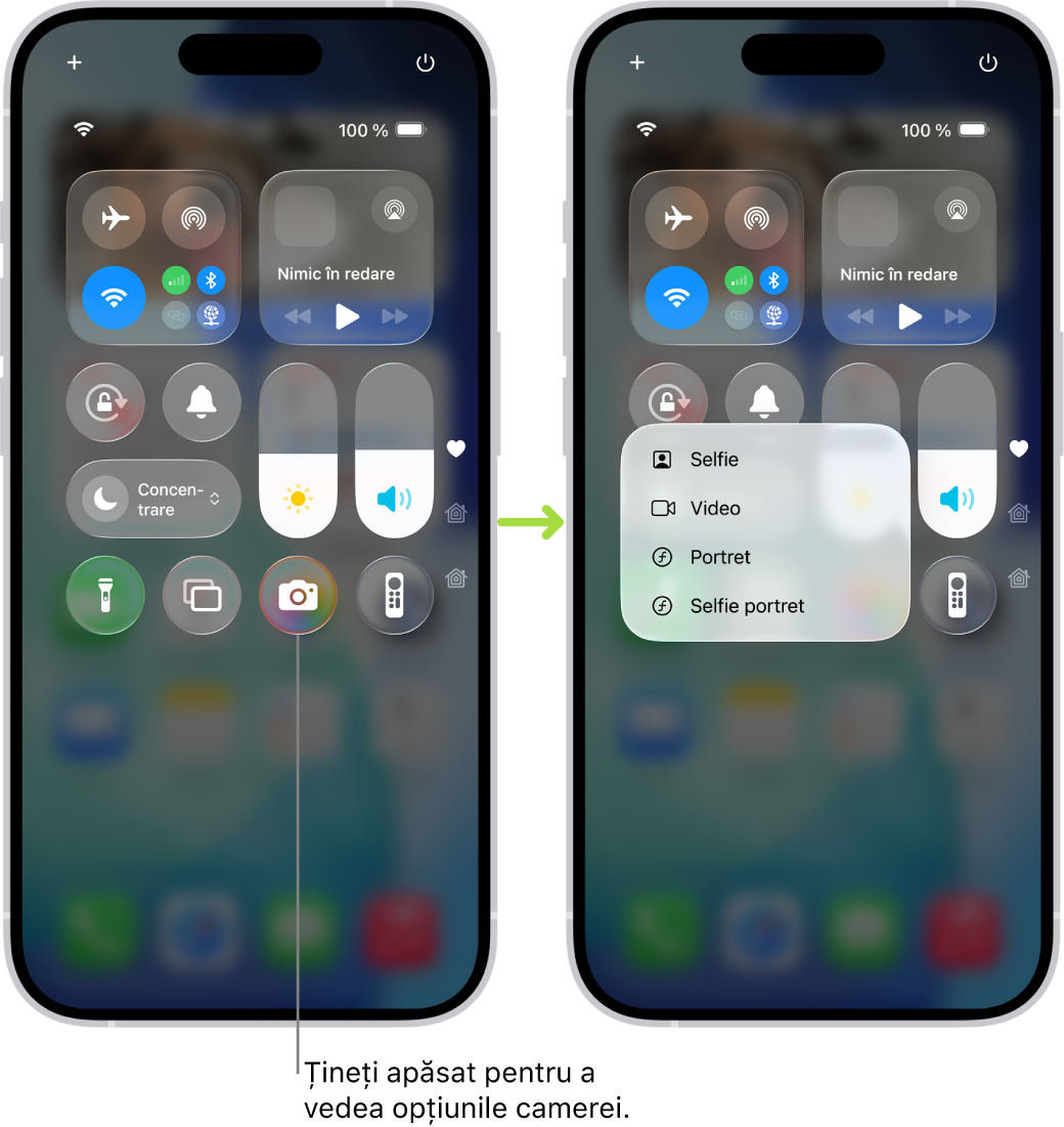 Două ecrane Centru de control unul lângă celălalt; cel din stânga afișează comenzi pentru modul Avion, date celulare, Wi-Fi și Bluetooth în grupul din stânga sus. Pictograma Cameră este afișată în dreapta jos. Ecranul din dreapta afișează mai multe opțiuni în meniul Acțiuni rapide pentru Cameră: Selfie, Video, Portret și Selfie portret.