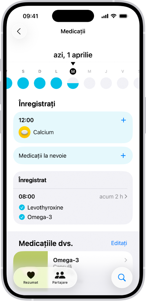 Ecranul Medicații din Sănătate afișând data și un jurnal pentru medicamente.