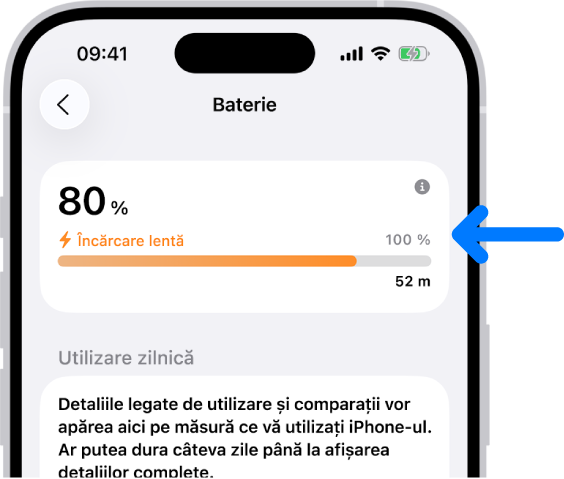 Fereastra cu informații despre încărcare în configurările Baterie iPhone. Fereastra afișează bateria la 80 % și indică faptul că este conectată la „Încărcare lentă”. O bară de progres estimează că va dura 52 de minute până la încărcarea la 100 %.
