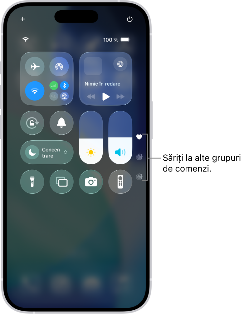Centrul de control deschis pe ecranul iPhone-ului, cu pictograme în dreapta pentru vizualizarea altor grupuri de comenzi.