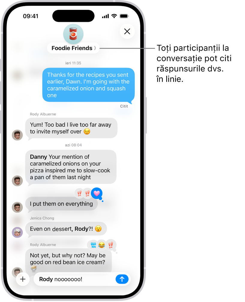 Compunerea unui răspuns în linie într-o conversație de grup din Mesaje. Este menționat un alt participant la conversație, prin urmare numele acestuia este afișat cu font aldin.