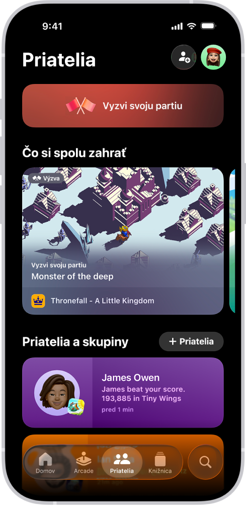 Tab Priatelia v apke Apple Games zobrazujúca možnosti na vyzývanie priateľov, odporúčania hier, ktoré si môžete zahrať spolu, a nedávnu aktivitu priateľa.