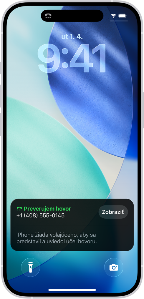 Na zamknutej obrazovke iPhonu sa zobrazuje hlásenie o preverovaní hovoru. Hlásenie uvádza, že iPhone požiadal volajúceho o meno a účel hovoru.