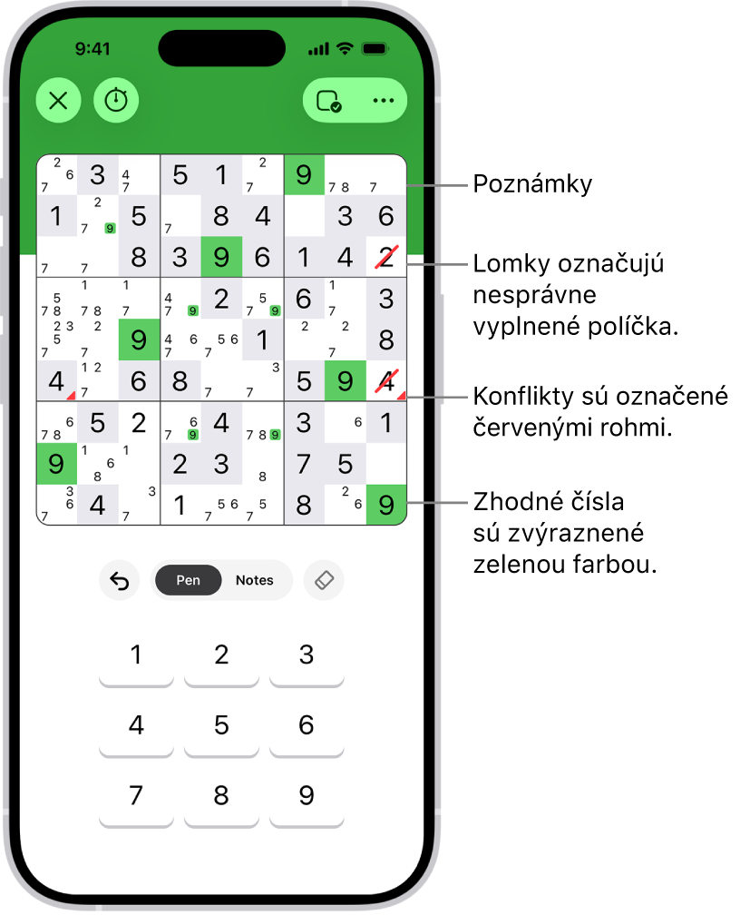 Sudoku s niekoľkými zapnutými funkciami: poznámkami, zvýrazňovaním zhodných čísel, zobrazovaním konfliktov a automatickou kontrolou