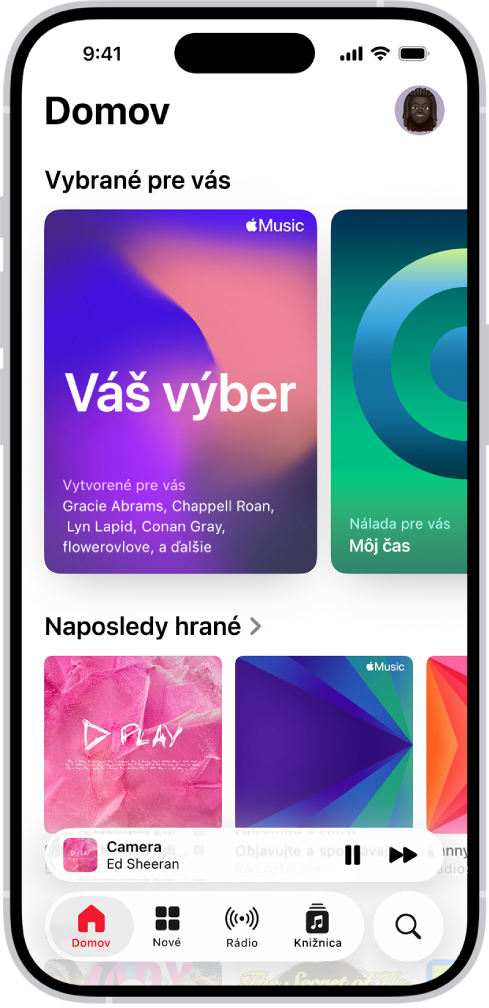 Tab Domov v apke Hudba s výberom najlepších skladieb v hornej časti. Potiahnutím doľava alebo doprava môžete zobraziť ďalšiu hudbu vybranú priamo pre vás. Nižšie sú naposledy prehrávané skladby.